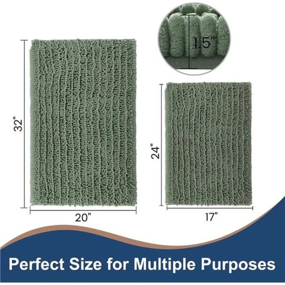 Luxury Chenille Sage Green Bathroom Rugs Sets 2 Piece, Thickened Hot Melt Rubber